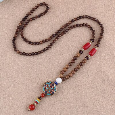 Vintage Nepal Long Buddhist Mala Wood Beaded Pendant & Necklace Ethnic Bohemian Boho Buddha Lucky Jewelry for Women Men