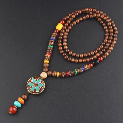 Vintage Nepal Long Buddhist Mala Wood Beaded Pendant & Necklace Ethnic Bohemian Boho Buddha Lucky Jewelry for Women Men