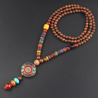Vintage Nepal Long Buddhist Mala Wood Beaded Pendant & Necklace Ethnic Bohemian Boho Buddha Lucky Jewelry for Women Men