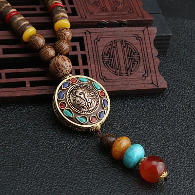 Vintage Nepal Long Buddhist Mala Wood Beaded Pendant & Necklace Ethnic Bohemian Boho Buddha Lucky Jewelry for Women Men