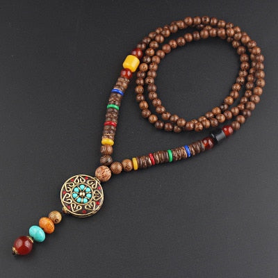 Vintage Nepal Long Buddhist Mala Wood Beaded Pendant & Necklace Ethnic Bohemian Boho Buddha Lucky Jewelry for Women Men