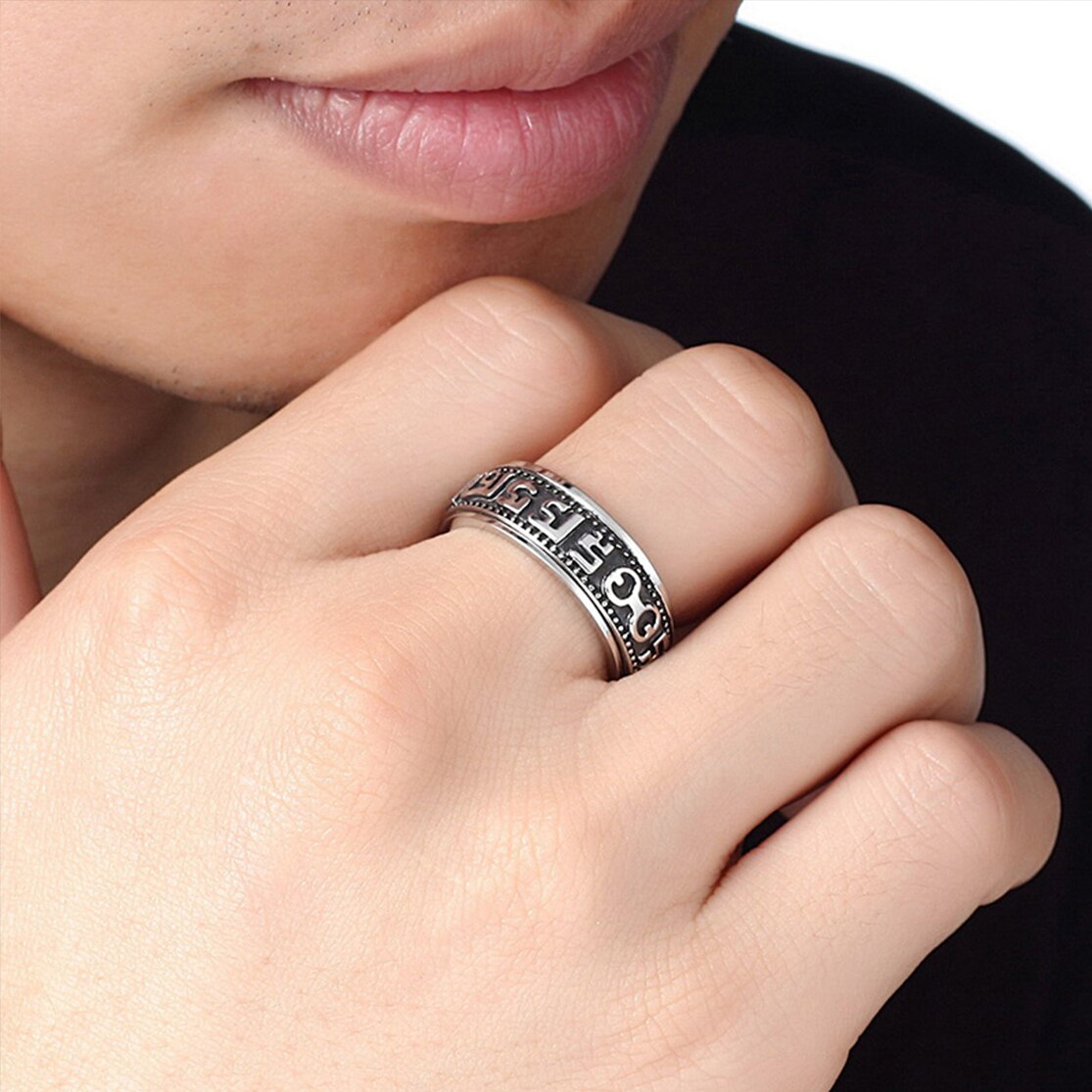 Vintage Tibetan Om Mani Padme Hum Men Rotating Fashion Men's Titanium Steel Rings for women Retro Six-Word Mantra Sutra Ring