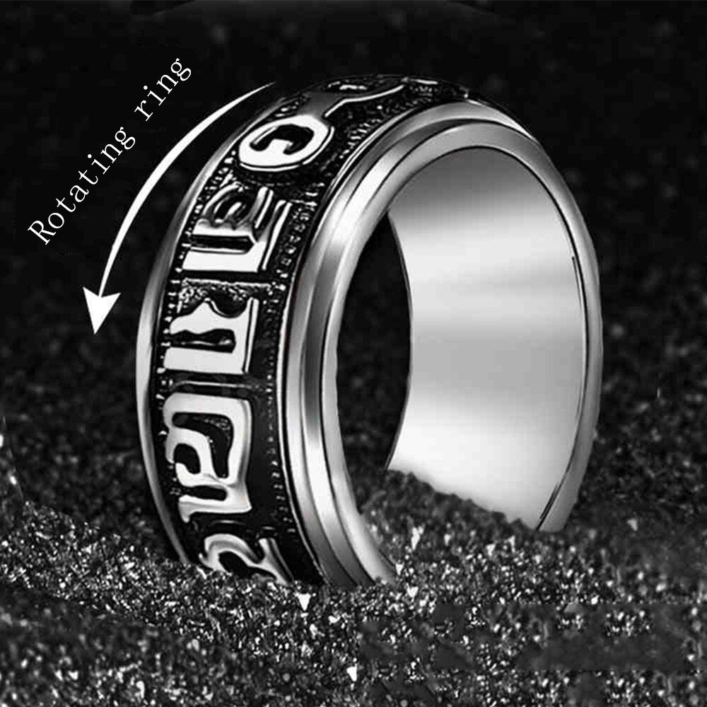 Vintage Tibetan Om Mani Padme Hum Men Rotating Fashion Men's Titanium Steel Rings for women Retro Six-Word Mantra Sutra Ring