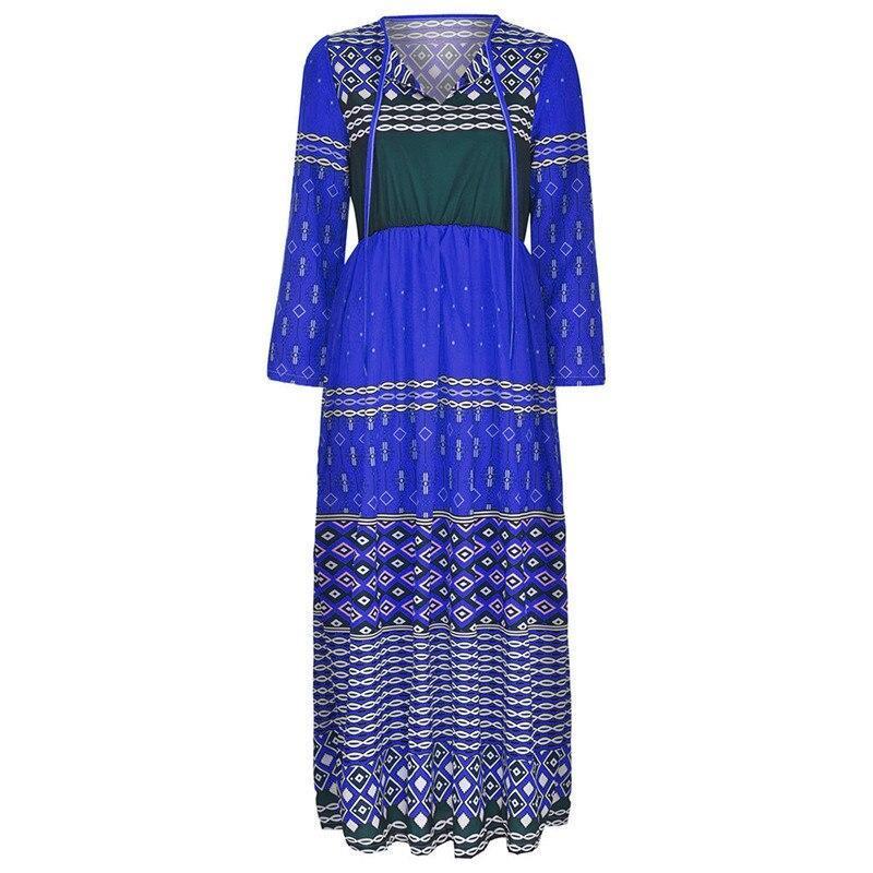 Plus Size Casual Patchwork Lange Mouwen V-hals Lange Jurk 2019 Nieuwe Mode Lente Herfst Party Dress