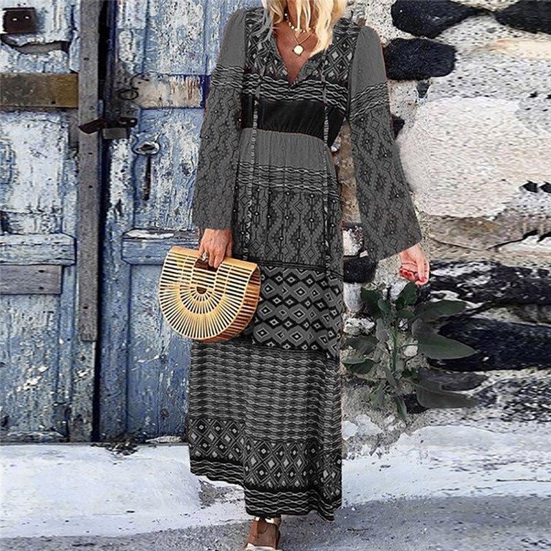 Plus Size Casual Patchwork Lange Mouwen V-hals Lange Jurk 2019 Nieuwe Mode Lente Herfst Party Dress