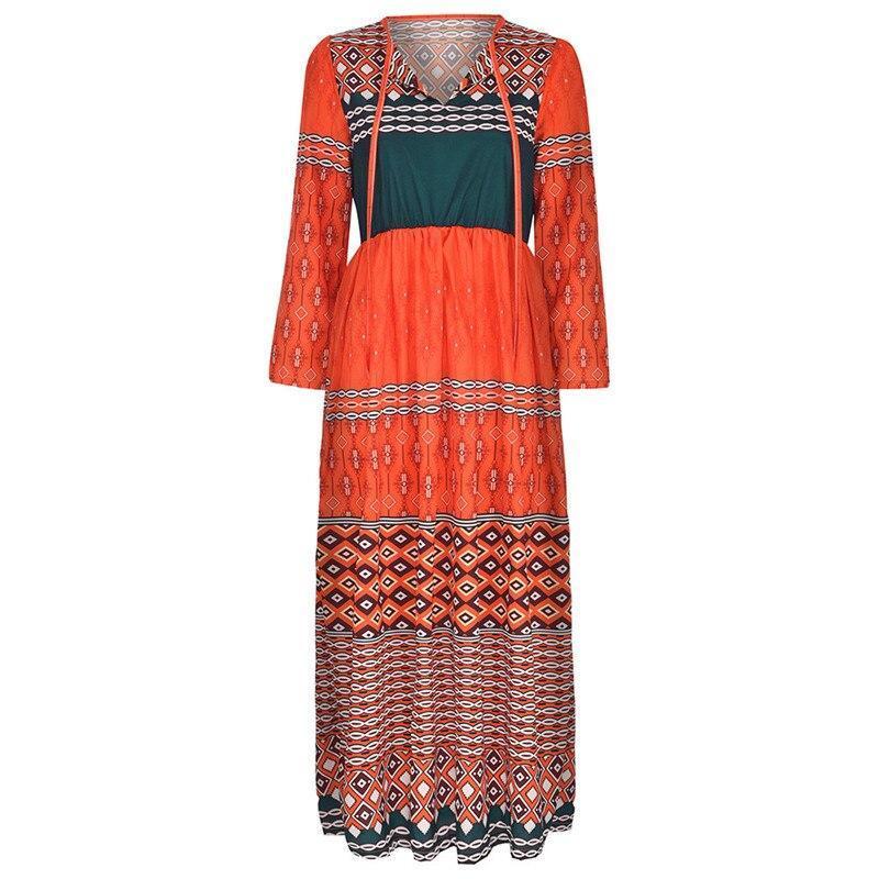 Plus Size Casual Patchwork Lange Mouwen V-hals Lange Jurk 2019 Nieuwe Mode Lente Herfst Party Dress