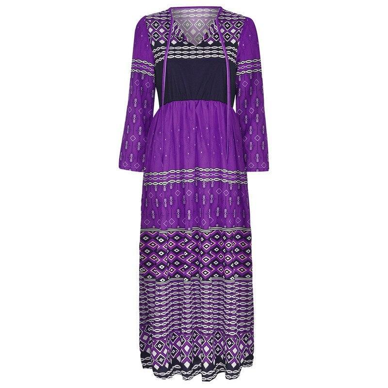 Plus Size Casual Patchwork Lange Mouwen V-hals Lange Jurk 2019 Nieuwe Mode Lente Herfst Party Dress