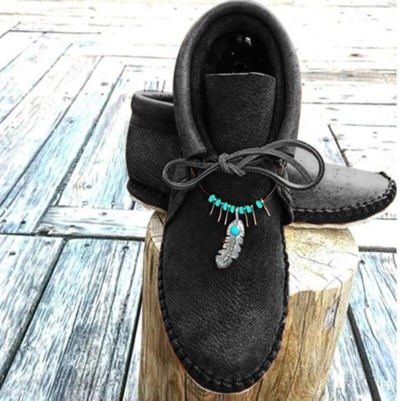 Women Autumn Ankle Flat Lace Up Sewing String Bead Soft Leather Casual Shoes