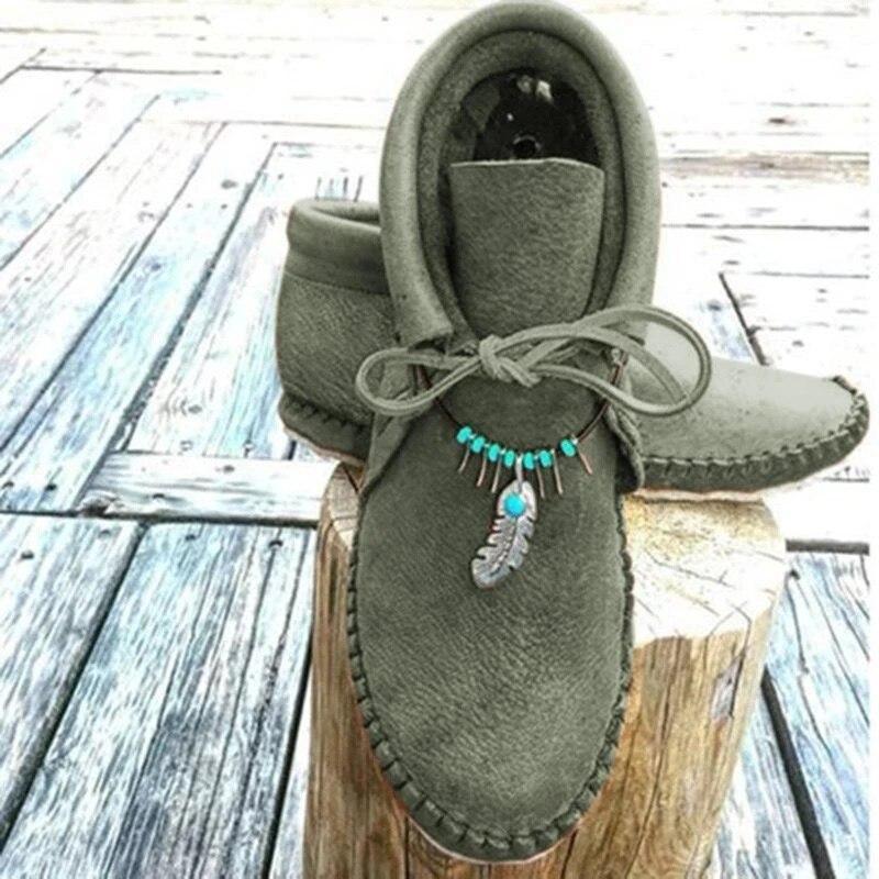 Women Autumn Ankle Flat Lace Up Sewing String Bead Soft Leather Casual Shoes