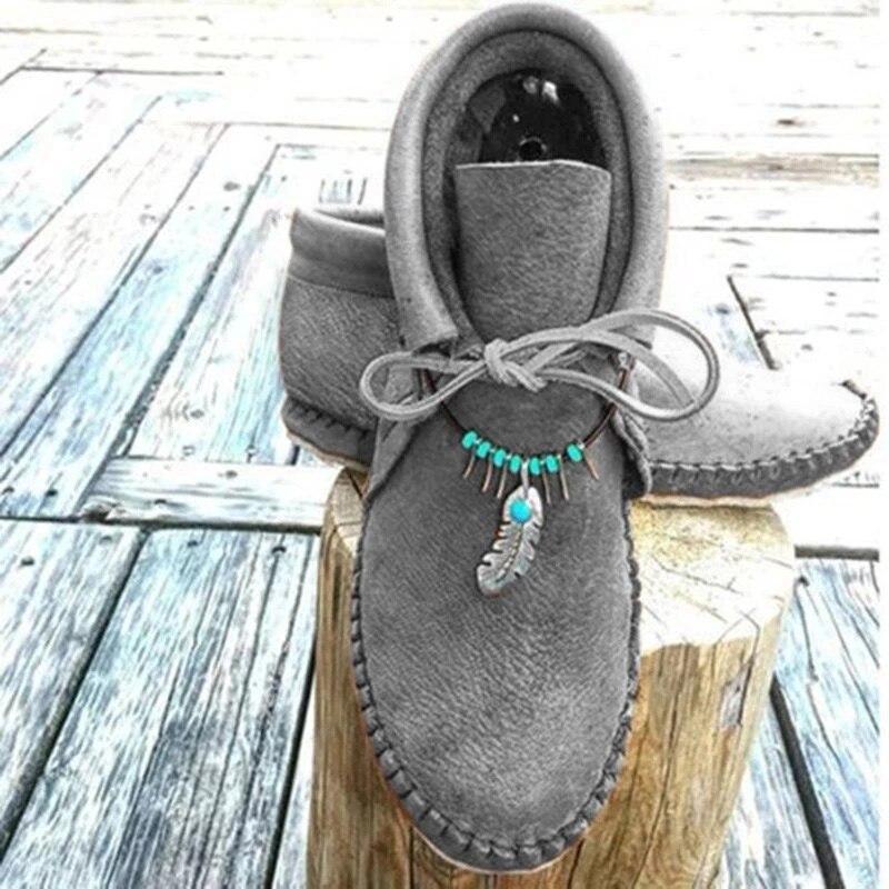 Women Autumn Ankle Flat Lace Up Sewing String Bead Soft Leather Casual Shoes