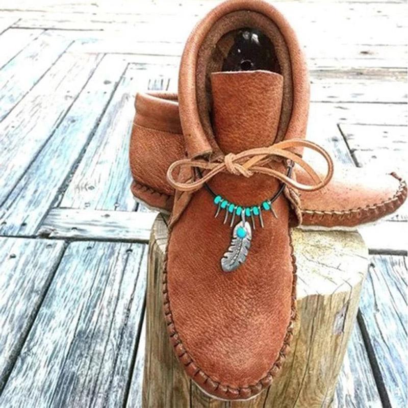 Women Autumn Ankle Flat Lace Up Sewing String Bead Soft Leather Casual Shoes