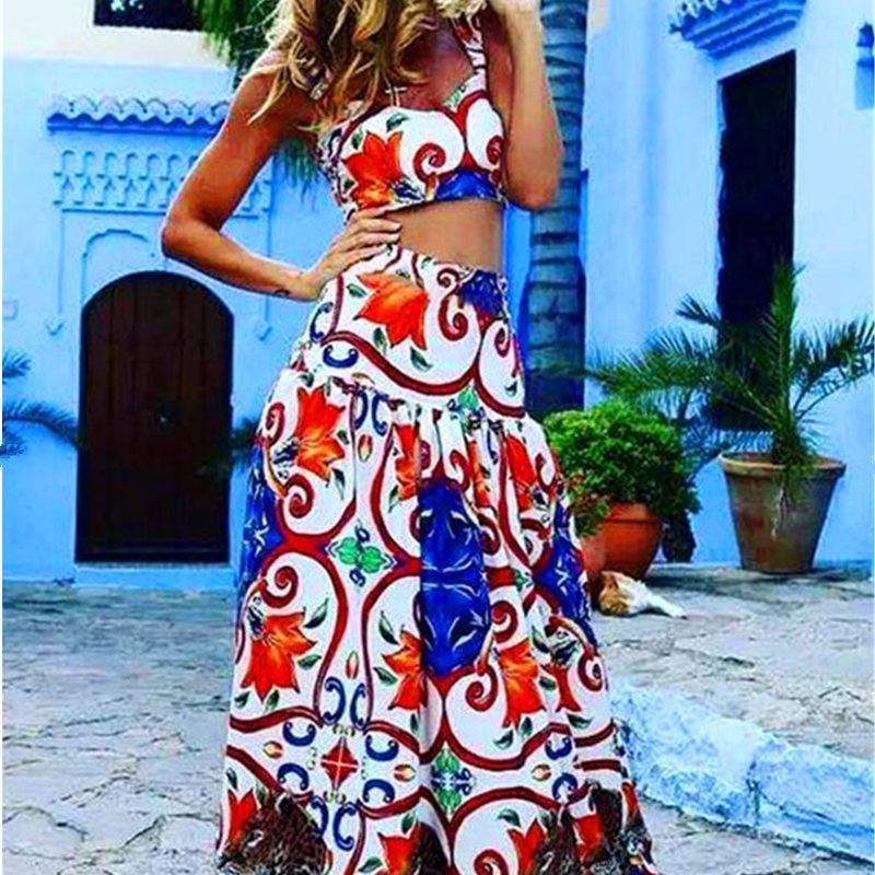 Women Boho Two Piece Set Summer Dress Vintage Printed Pad Crop Top Sexy Maxi Dress Plus Size Elegant Beach Dresses Long Vestidos