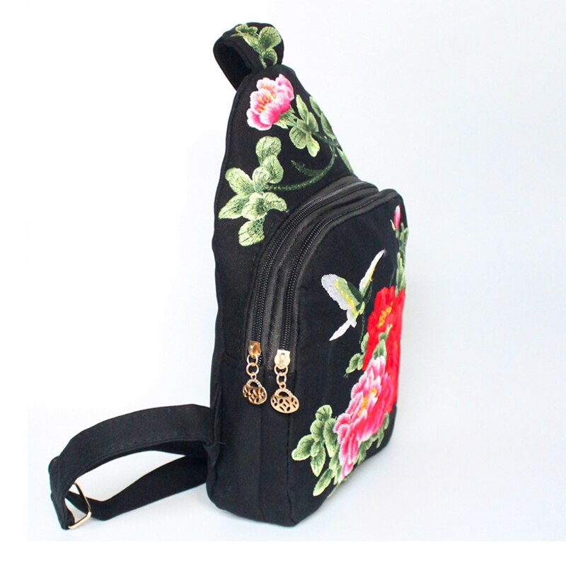Women Chest Bag Tibetan Ethnic Style Hand Embroidery Pretty Flowers Casual Canvas Travel Shoulder Crossbody Bag