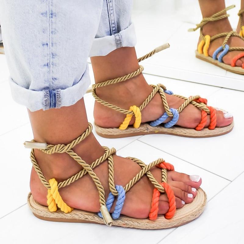 Women Fashion Summer Flat Shoes Colorful Hemp Rope Lace Up Gladiator Sandals