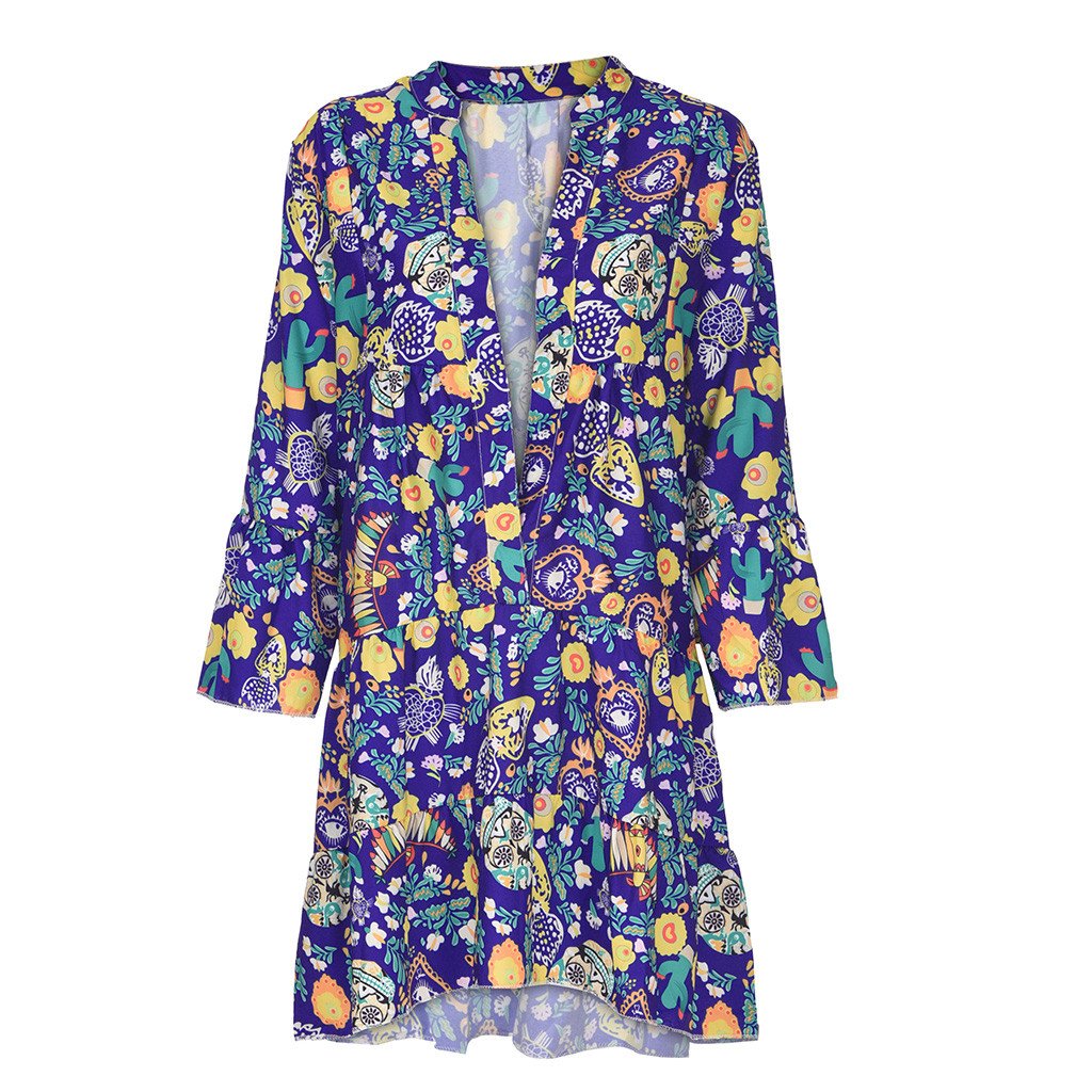 Women's Dresses Plus Size Loose Print Long Sleeve V-Collar Button Mini Dress