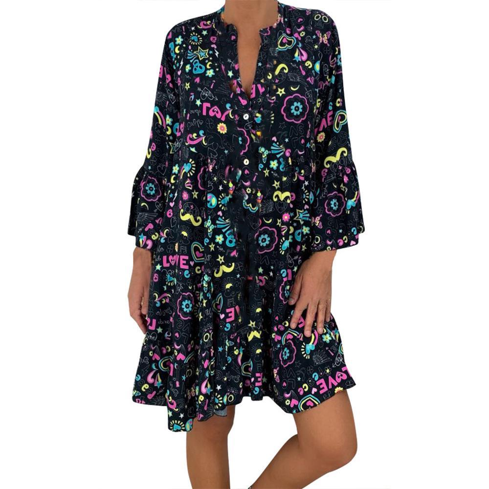 Women's Dresses Plus Size Loose Print Long Sleeve V-Collar Button Mini Dress