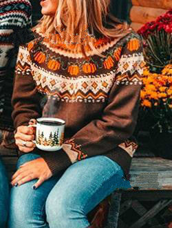Printed Tight Knit Holiday Pullover Brown Crew Neck Knitted Sweater
