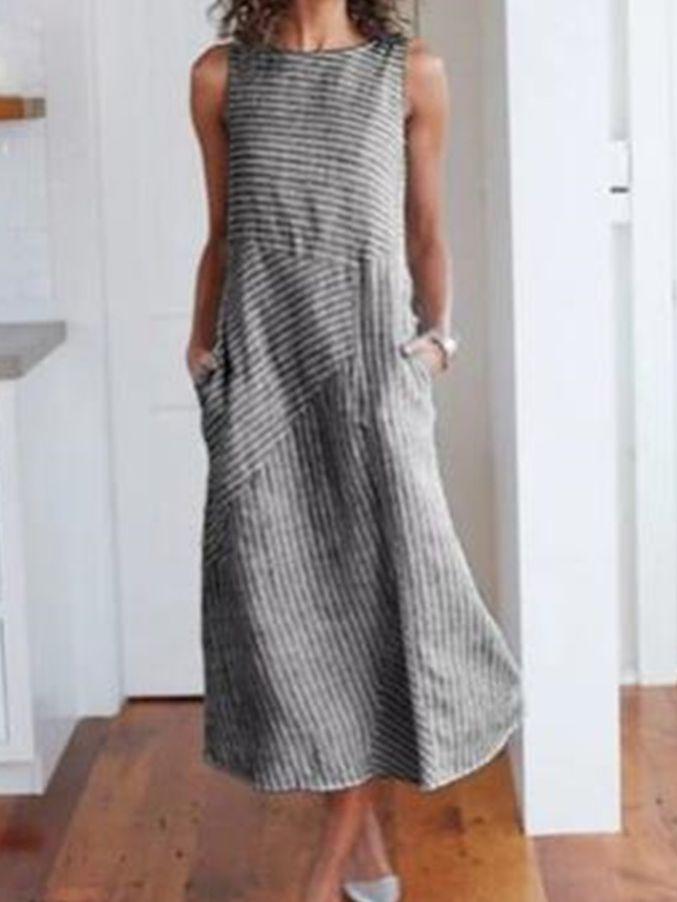 Cotton Striped Dress Round Neck Dress