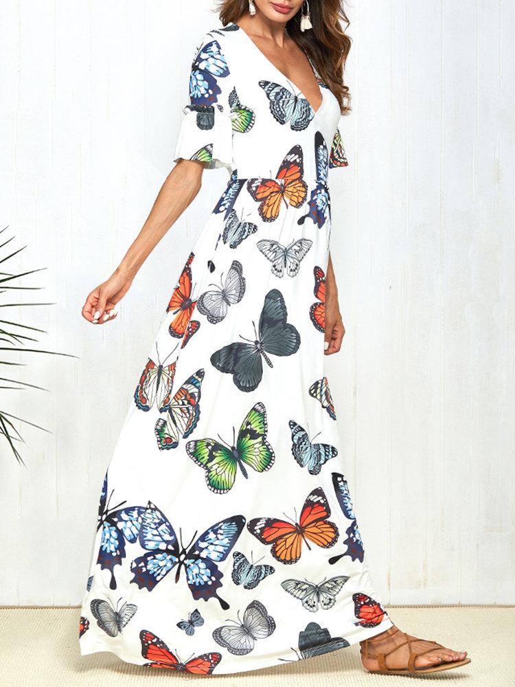 Print Butterfly Short Sleeve V-neck boho long Dress