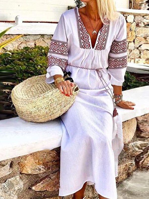 Loose Casual Skirt Solid Color V-collar Printed Long-sleeved Dress - emogogo