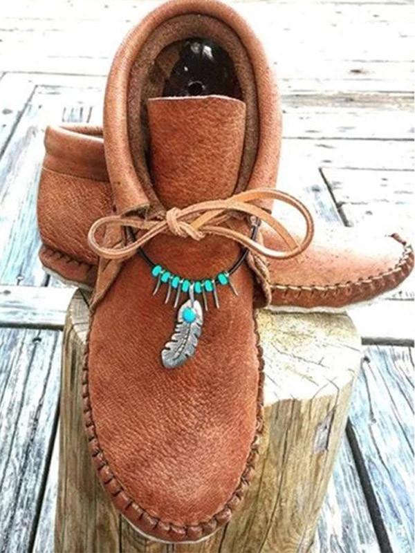 Women Autumn Ankle Flat Lace Up Sewing String Bead Soft Leather Casual Shoes