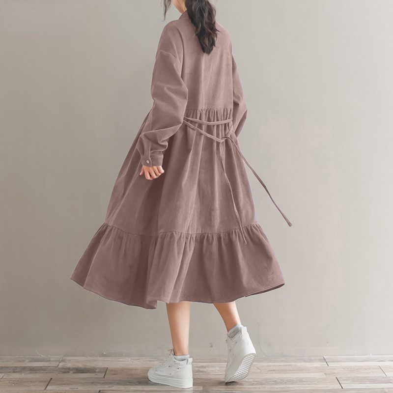 Vintage Corduroy Shirt Dress Women Sundress Spring Casual Long Sleeve Ruffle Vestidos Female Button Midi Robe