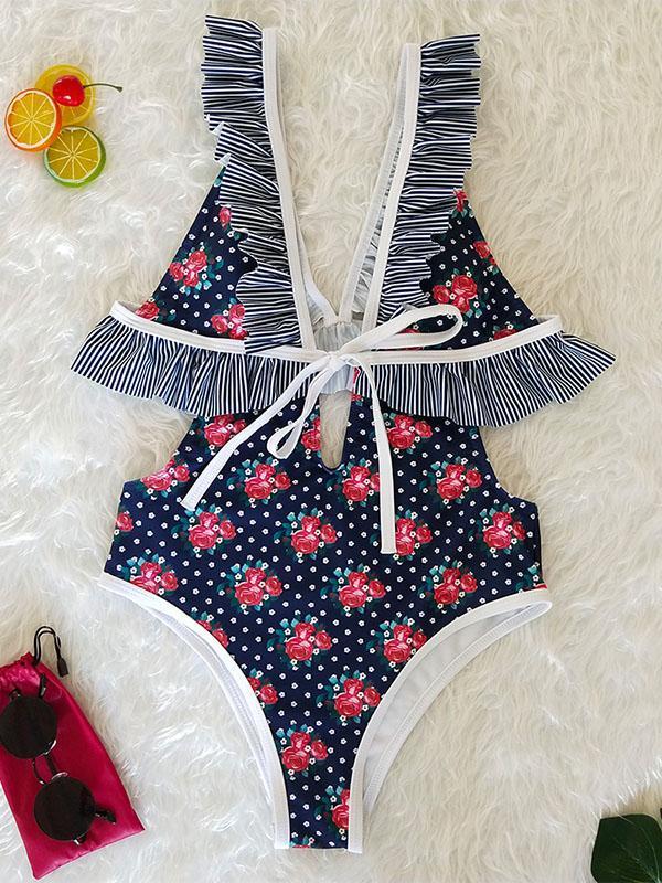 V-neck Bandage Sexy Floral One Piece Swimwear