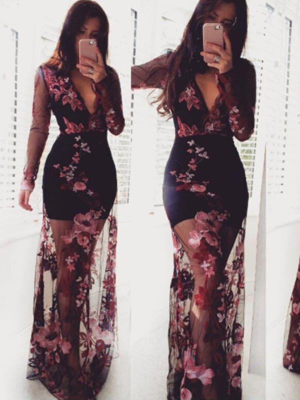 Women See Through Black Gauze Mesh Lace Sexy Deep V-neck Bodycon Floral Dress
