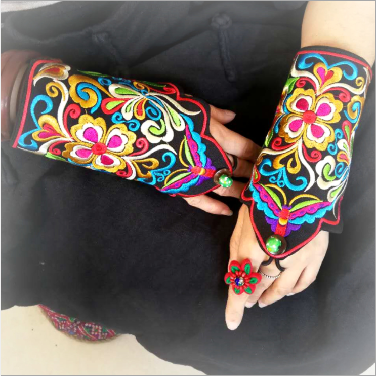 Ethnic style embroidery triangle bracelet warm fingerless gloves retro style embroidery trend