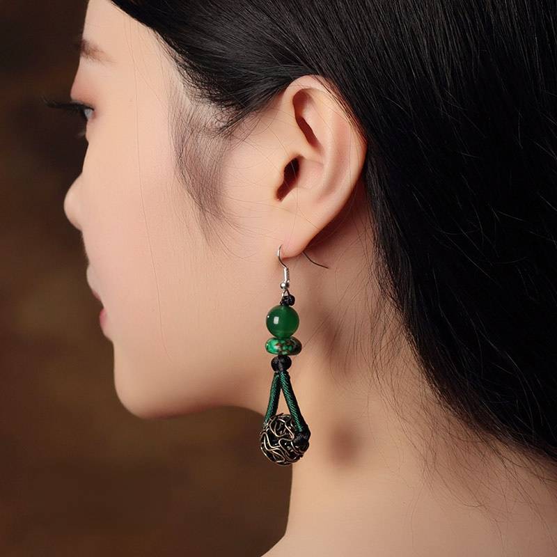 Ethnic style earrings green earrings women's vintage style sterling silver premium sense earrings