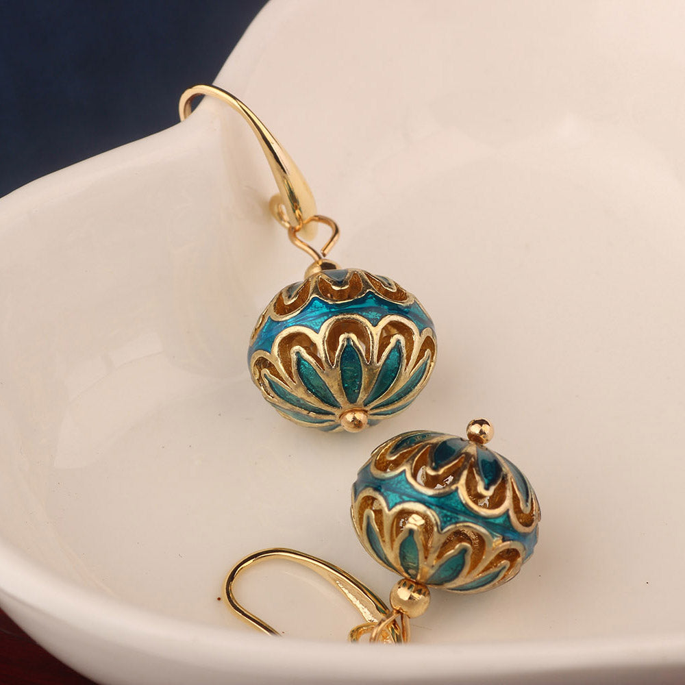 Ethnic Sky Blue Cloisonne Earrings Vintage Flower Round Drop Earrings for Women and Girl Jewelry
