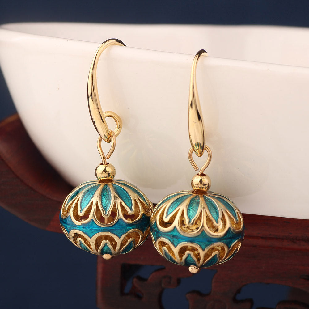 Ethnic Sky Blue Cloisonne Earrings Vintage Flower Round Drop Earrings for Women and Girl Jewelry