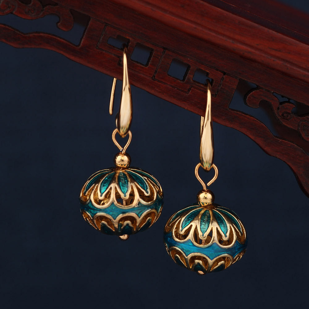 Ethnic Sky Blue Cloisonne Earrings Vintage Flower Round Drop Earrings for Women and Girl Jewelry