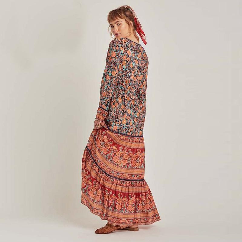 Boho Gypsy Floral Print Long Sleeve High Waist Maxi Dress