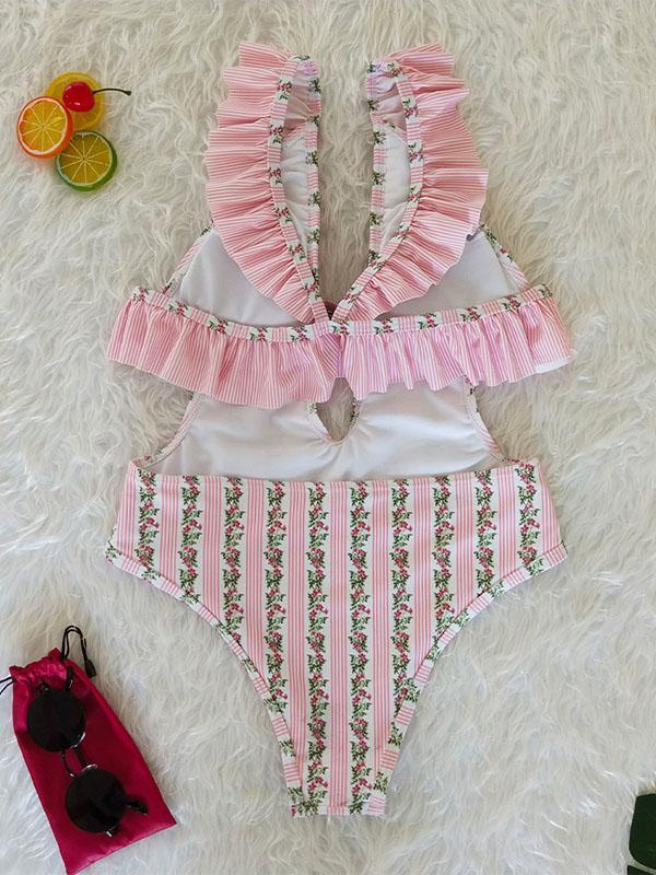 V-neck Bandage Sexy Floral One Piece Swimwear