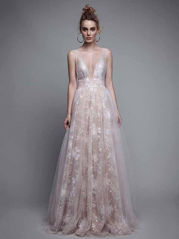 Lace Deep V-back Evening Dress