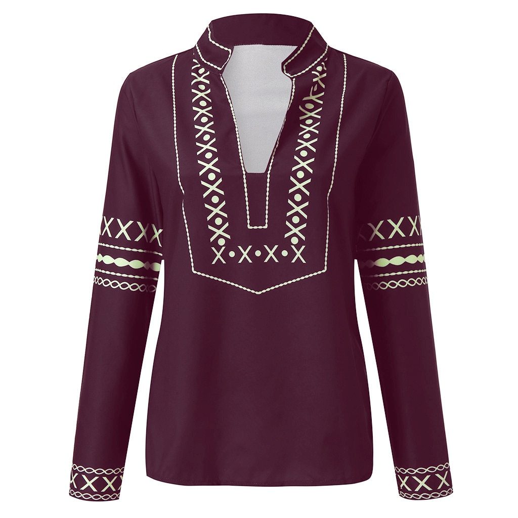 ladies tops and blouses Vintage Women's Loose Long Sleeve National Style Print Tops Blouse