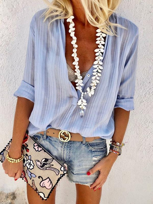 Fashion Button V-Neck Long Sleeve Blouse Shirt