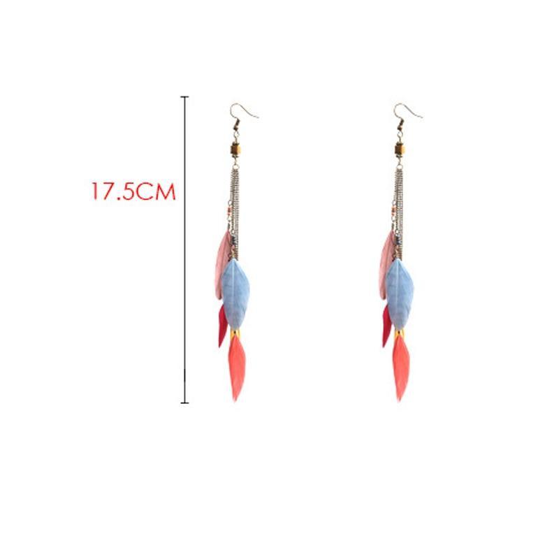Vintage Color Feather Tassel Hanging Clip Earrings