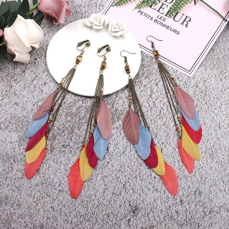 Vintage Color Feather Tassel Hanging Clip Earrings