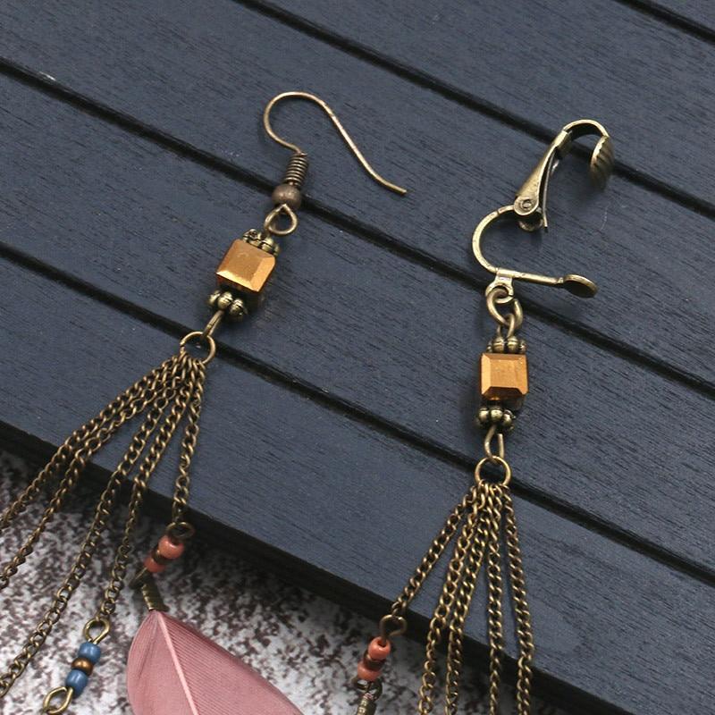 Vintage Color Feather Tassel Hanging Clip Earrings