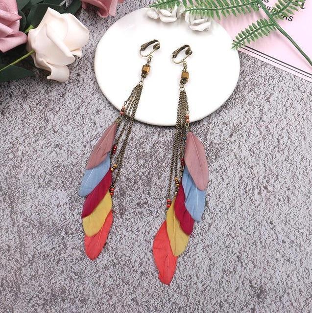 Vintage Color Feather Tassel Hanging Clip Earrings