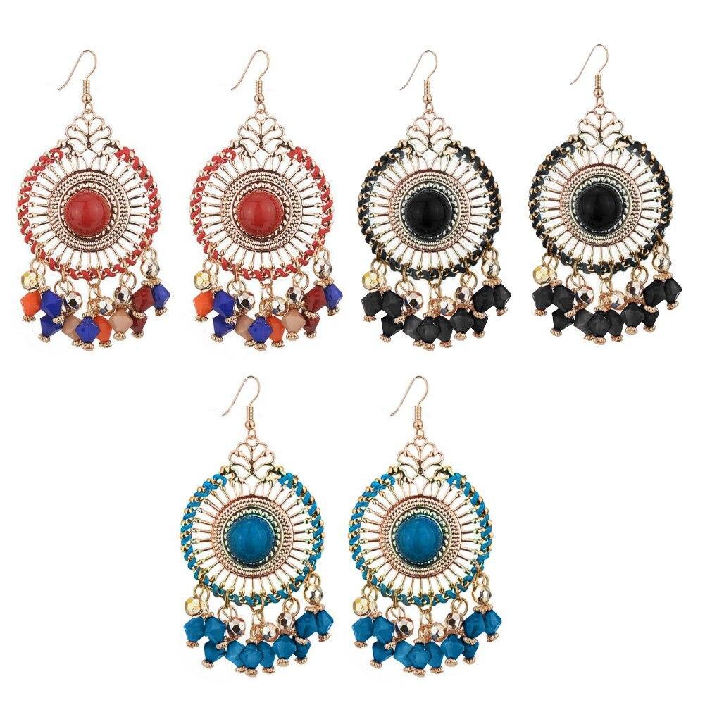 Woman Bohemia Woven Hollow Disc Beads Pendant Earrings