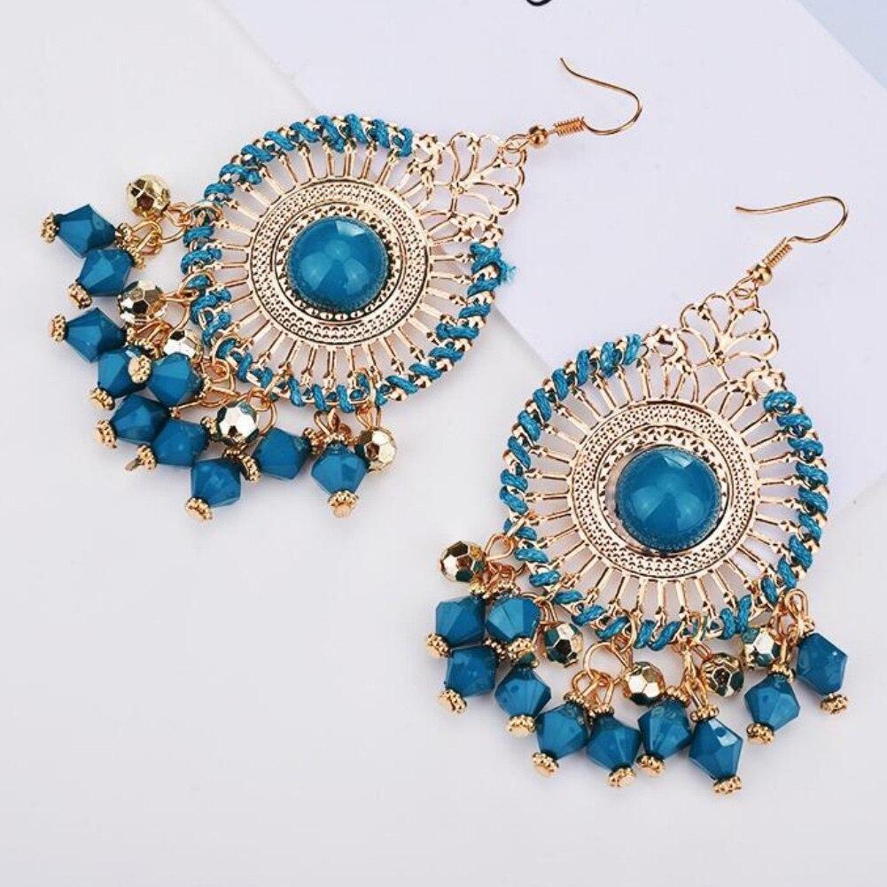 Woman Bohemia Woven Hollow Disc Beads Pendant Earrings