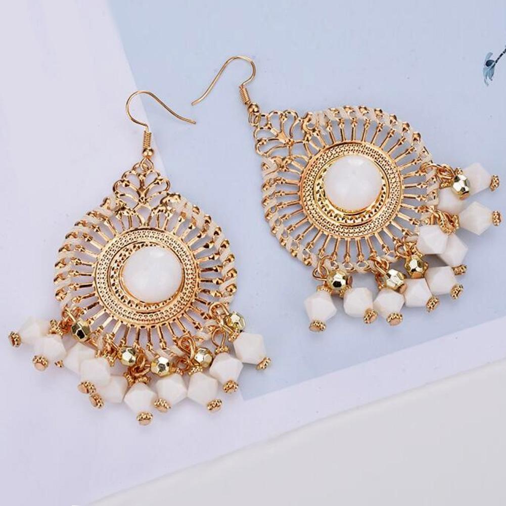 Woman Bohemia Woven Hollow Disc Beads Pendant Earrings
