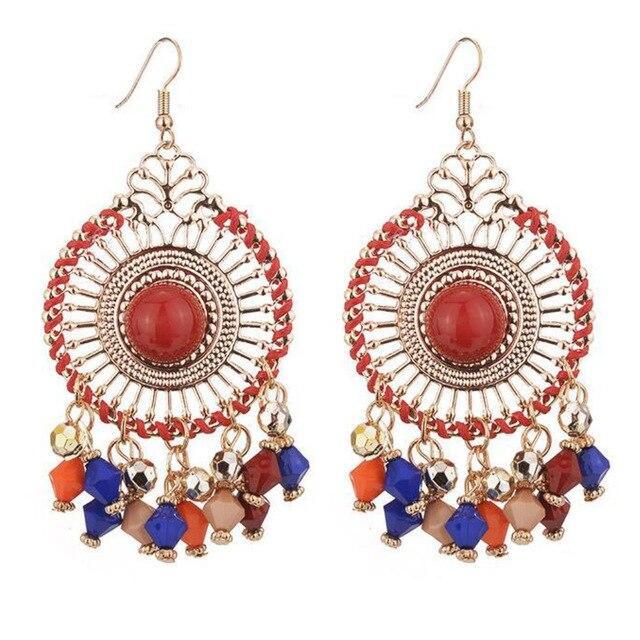 Woman Bohemia Woven Hollow Disc Beads Pendant Earrings
