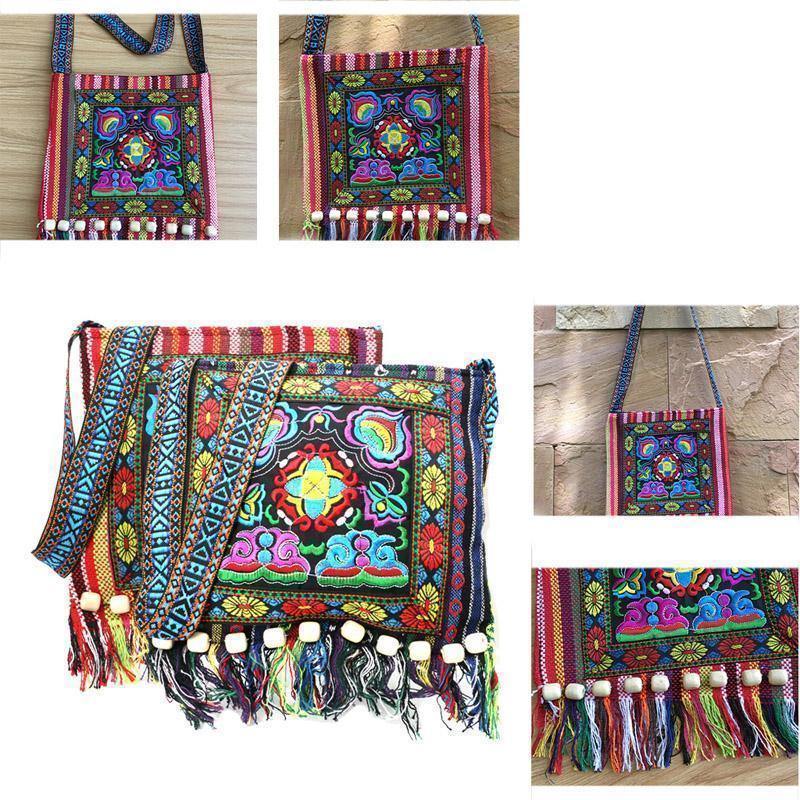 Linen Thai Embroidery Totes Shoulder Tassels National Tibet Floral Soft Bags - hiblings