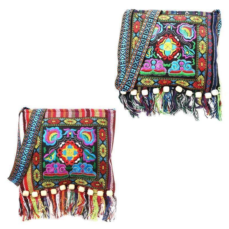 Linen Thai Embroidery Totes Shoulder Tassels National Tibet Floral Soft Bags - hiblings