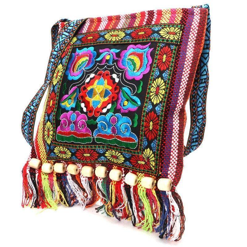 Linen Thai Embroidery Totes Shoulder Tassels National Tibet Floral Soft Bags - hiblings