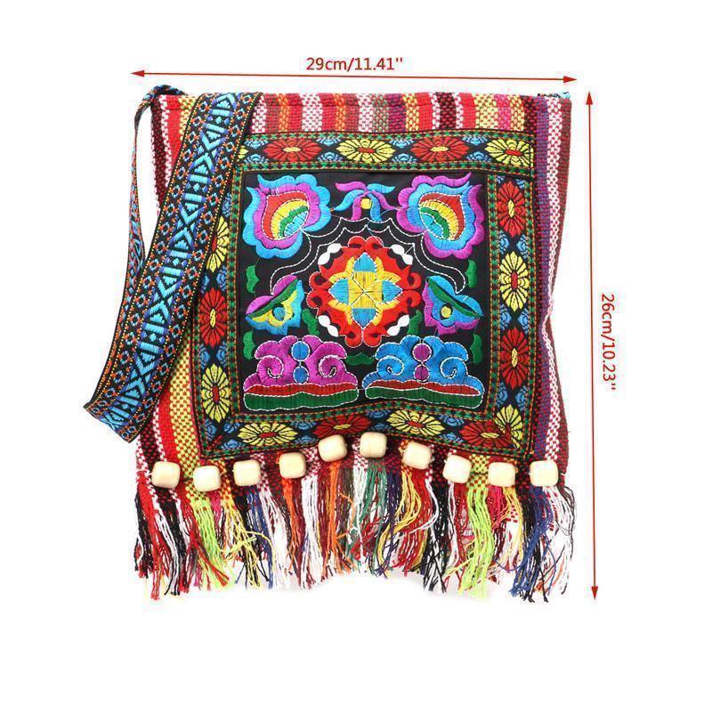 Linen Thai Embroidery Totes Shoulder Tassels National Tibet Floral Soft Bags - hiblings